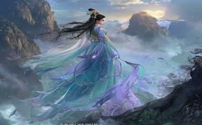 古风仙侠风格ai美女，飞天长裙，云雾缭绕的仙山背景，仙气飘飘意境深远