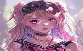 日系动漫风格ai美女，大眼睛双马尾，校园制服，粉色系清新可爱风格