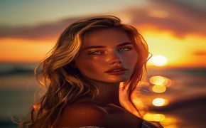 欧美写真风格ai美女，金发碧眼，海滩夕阳背景，光线暖橙色，高级感十足