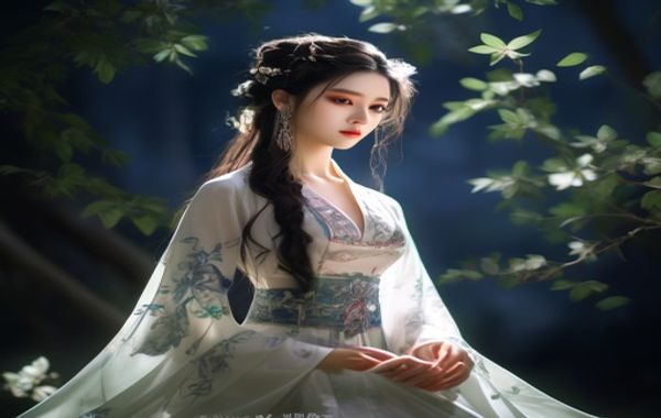 精选展示：清纯国风ai美女身着精绣汉服，站在月光竹林中，白色纱裙随风飘动，画面意境深远、光影唯美