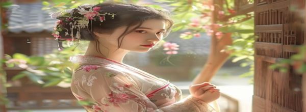 AI生成的高颜值国风写真ai美女，身着汉服站在古典庭院中，光线柔和、画面精致唯美